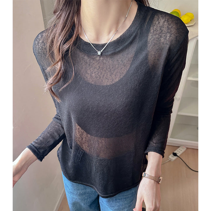 Damen Longsleeve Shirt aus leicht transparentem Material mit elegantem Fall Drune