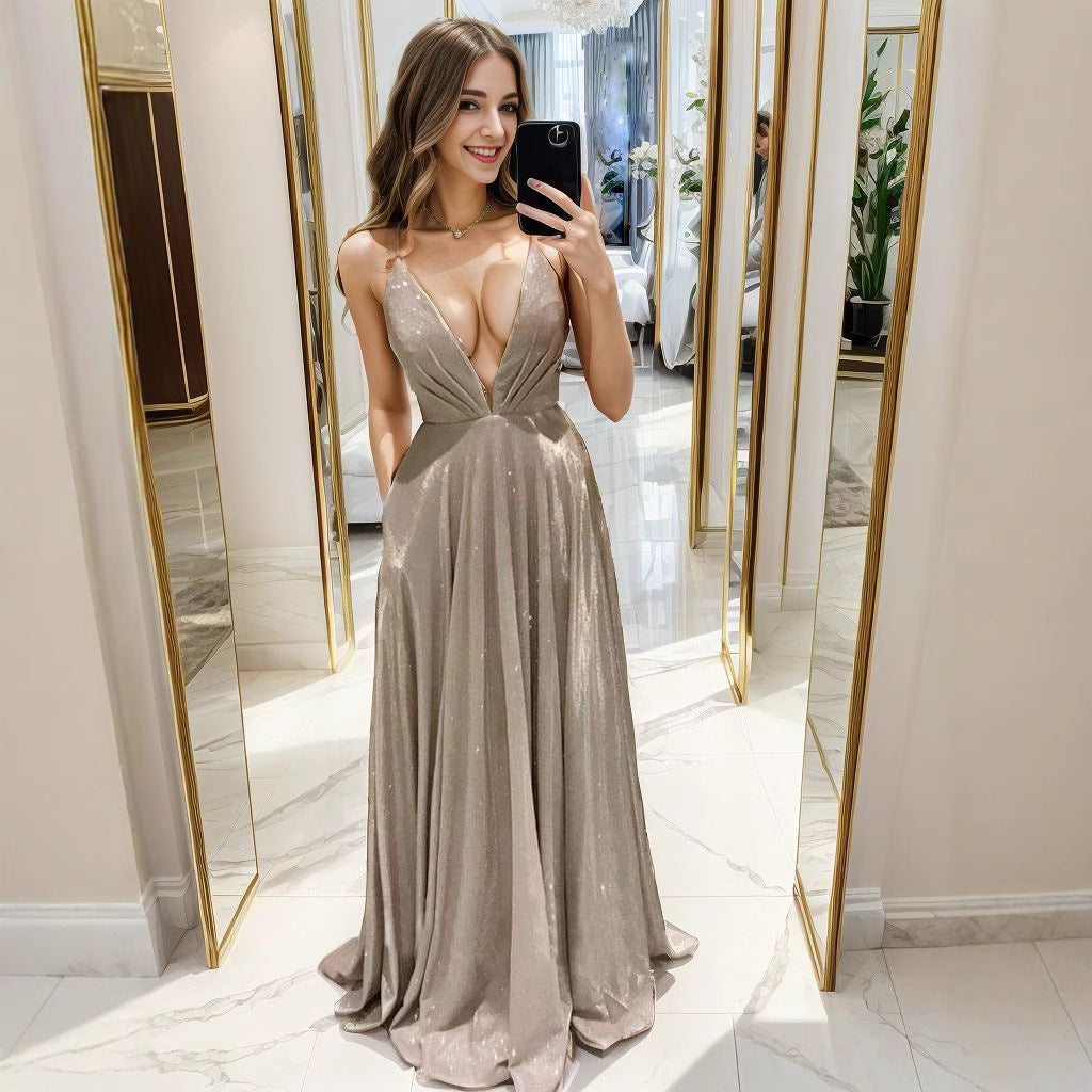 Damen Glamouröses Abendkleid mit V-Ausschnitt und schimmerndem Design Drune