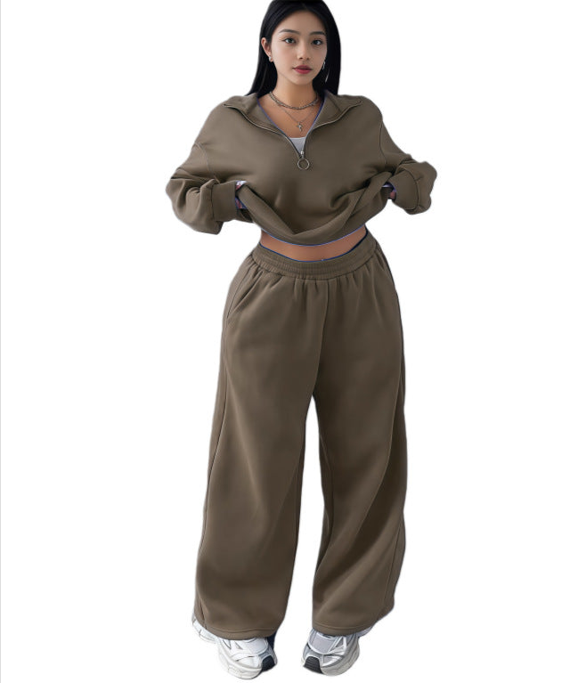 Damen Cropped Oversize-Sweatshirt mit halbem Reißverschluss und weite High-Waist Jogginghose Set Drune