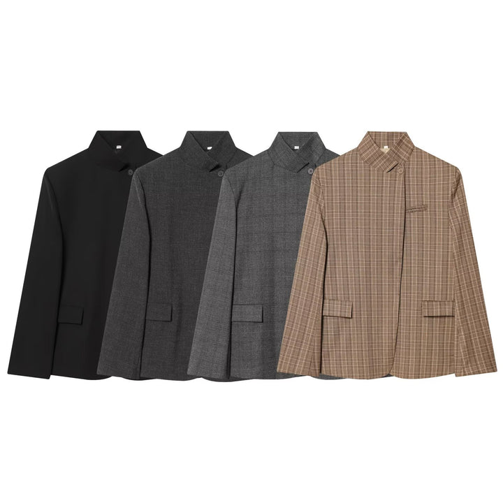 Damen Taillierter karierter Blazer mit Stehkragen und verdeckter Knopfleiste Drune