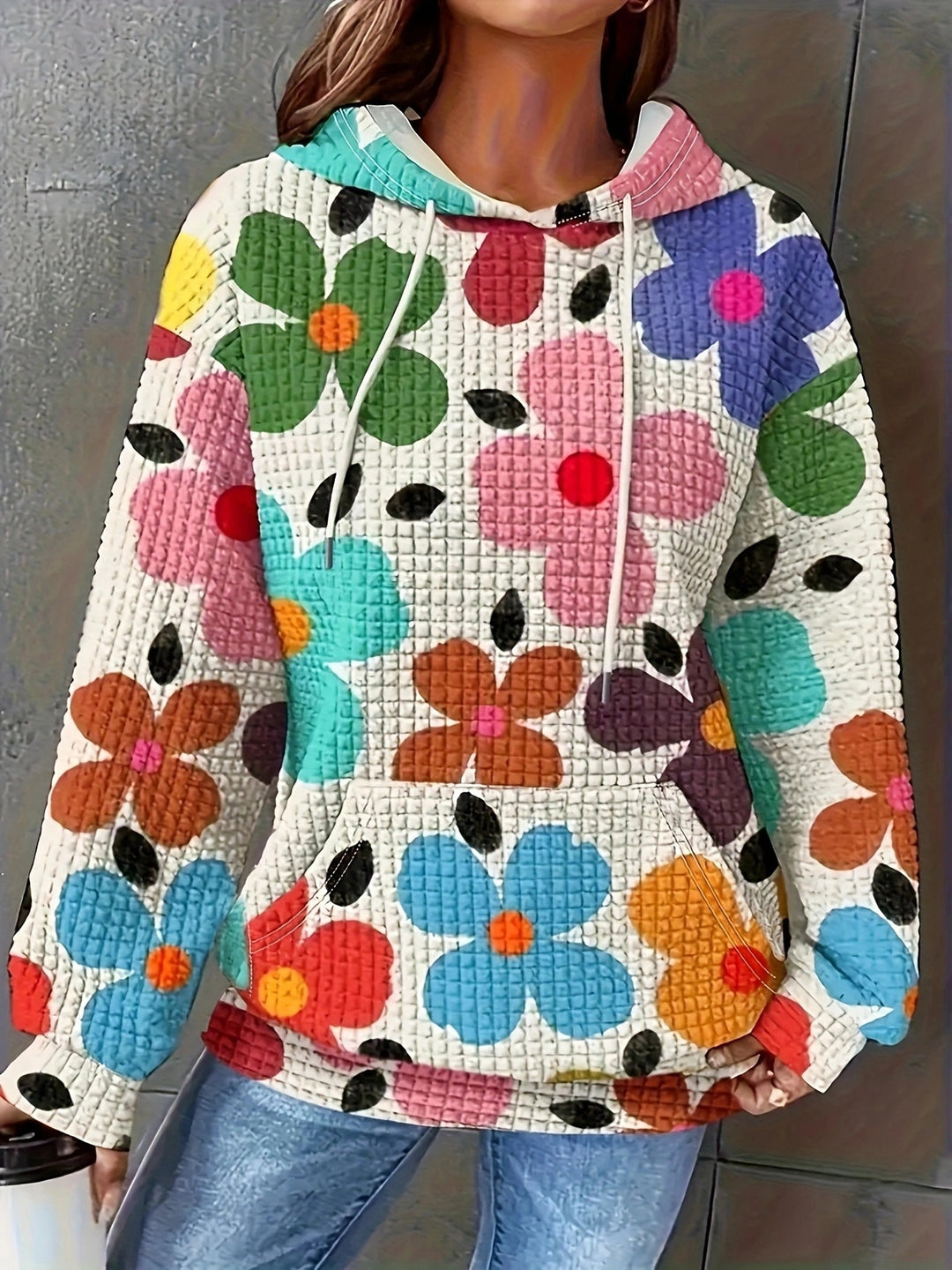 Damen Kapuzenpullover mit floralem Strukturmuster und bequemer Passform Drune
