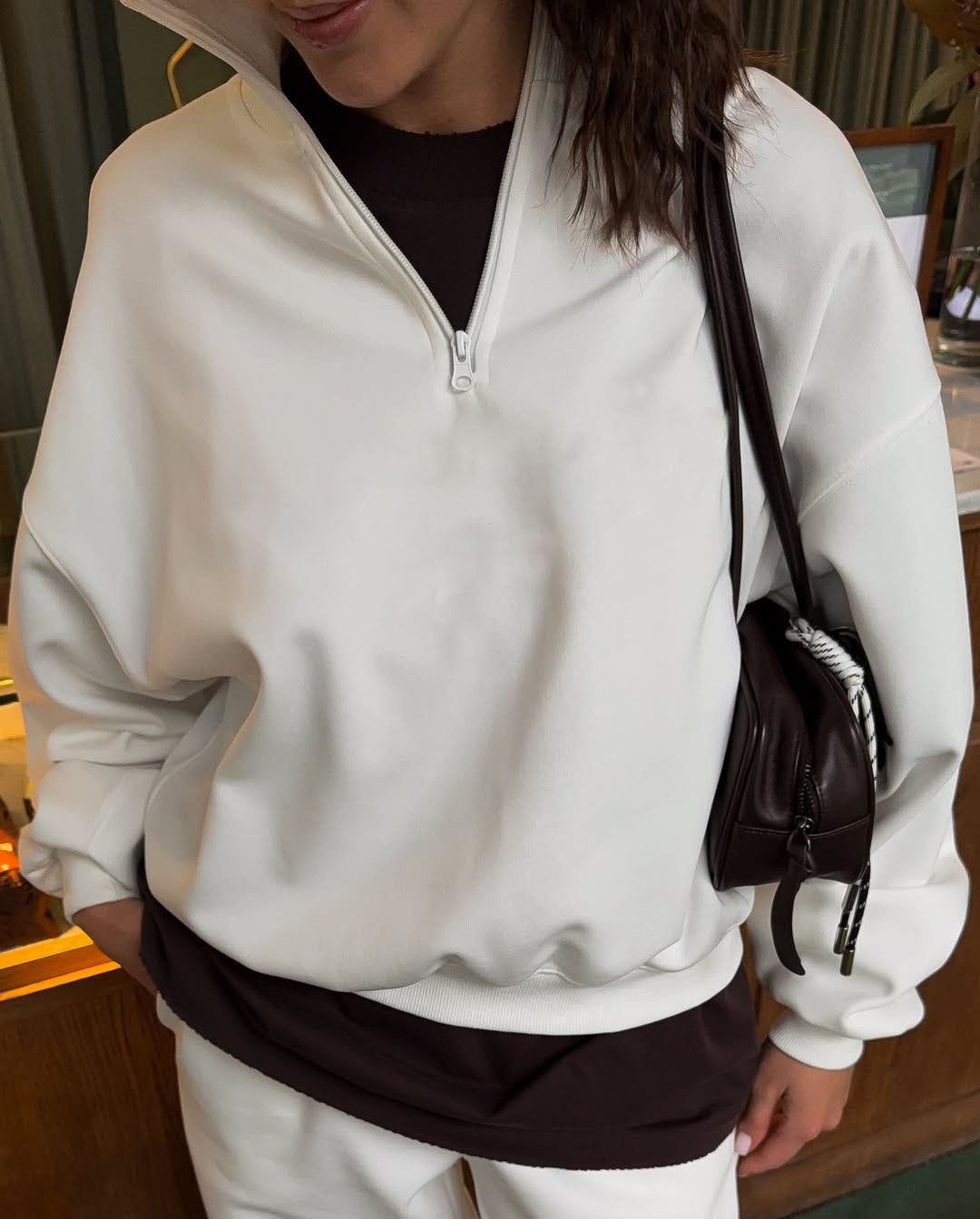 Damen Oversize Sweatshirt mit Halbzip und hohem Stehkragen Drune