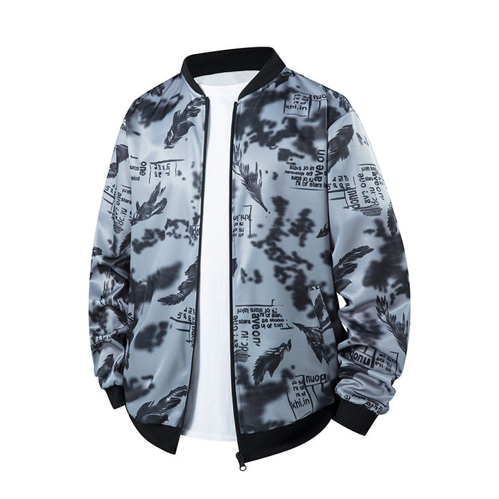 Herren Bomberjacke mit Allover‑Federprint, Satinoptik und geripptem Kragen Drune