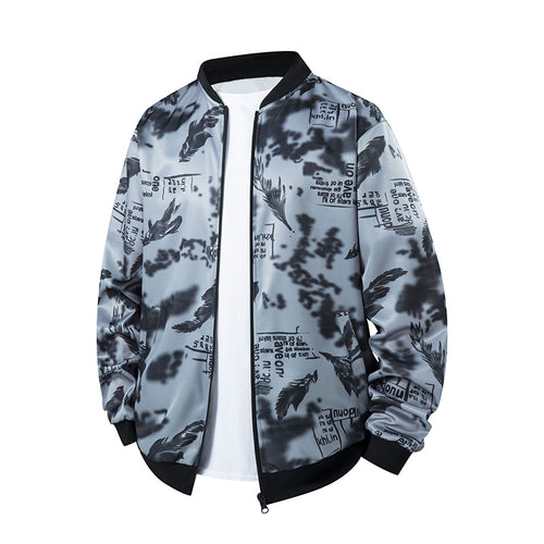 Herren Bomberjacke mit Allover‑Federprint, Satinoptik und geripptem Kragen Drune