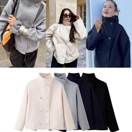 Damen 200+ boxy Wollmix Kurzjacke mit Stehkragen und verdeckter Doppelknopfleiste Drune