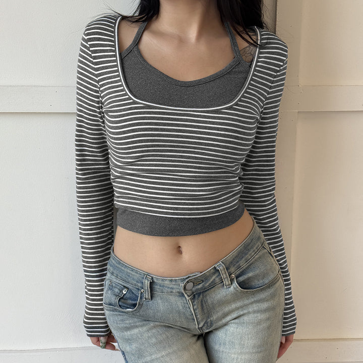 Damen Enges Layering-Longsleeve mit tiefem U-Ausschnitt und integrierter Camisole Drune