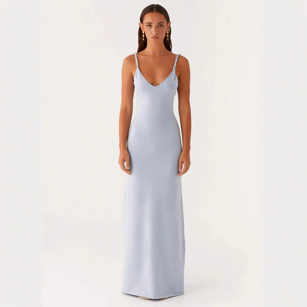 Damen Elegantes Maxirockkleid mit tiefem V-Ausschnitt und feinen Trägern Drune