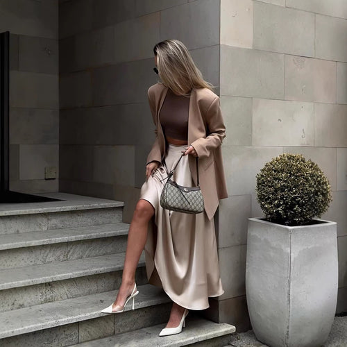 Damen Fließender Satin-Midirock mit hohem Bund und Tellerfalten Drune