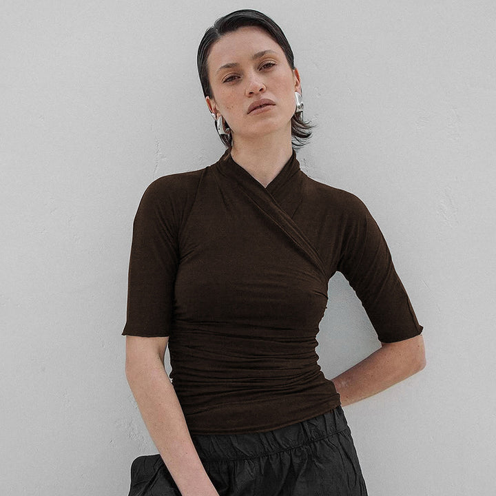 Damen elegantes Wickeloberteil mit modischem Raffungseffekt Drune