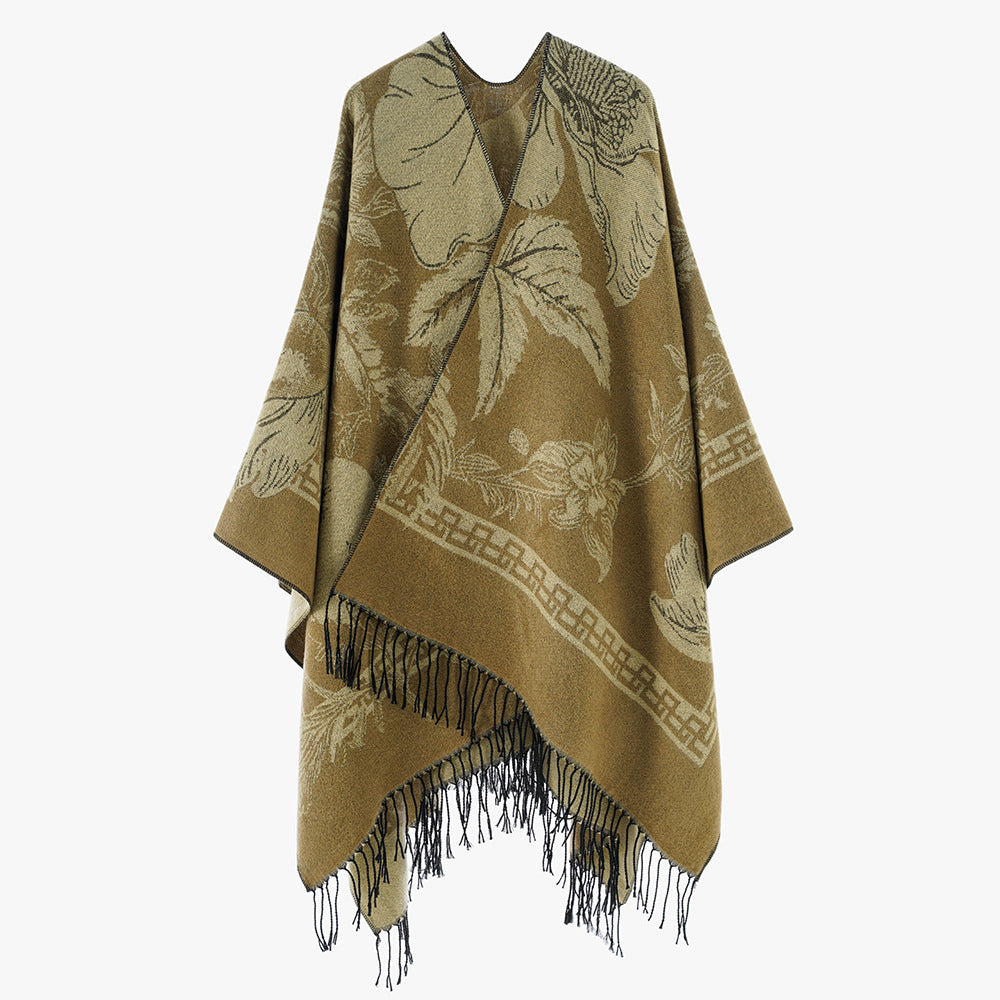 Damen Leichter Jacquard‑Poncho mit floralem Allovermuster, asymmetrischem Zipfelsaum und Fransen Drune