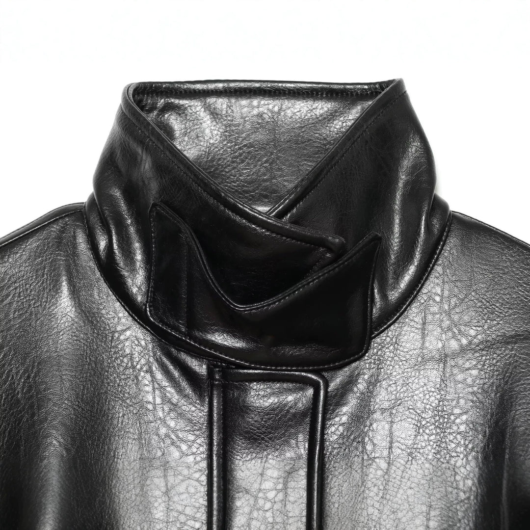 Damen Kurzer Oversize-Kunstledertrench mit hohem Stehkragen und Taillengürtel Drune