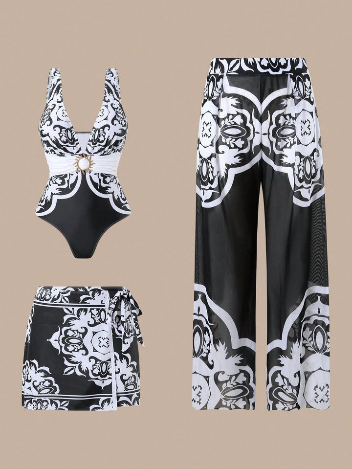Damen Eleganter Badeanzug mit passendem Strandhosen-Set Drune
