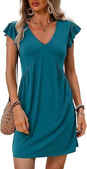 Damen V-Ausschnitt Sommerkleid mit Rüschenelementen Drune