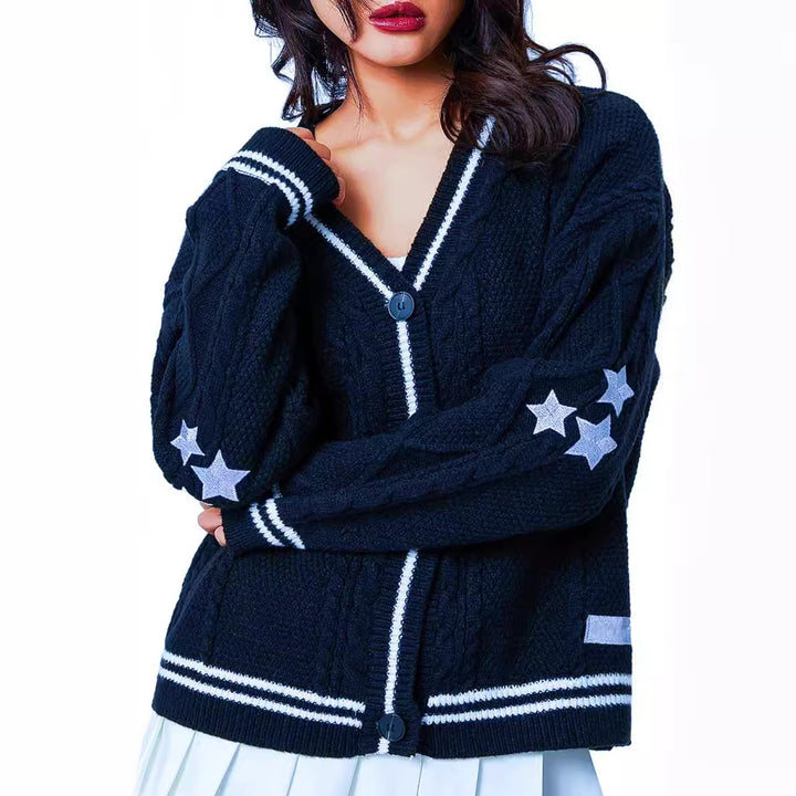 Damen Grobstrick-Cardigan mit dekorativen Sternen und kontrastierendem Bund Drune