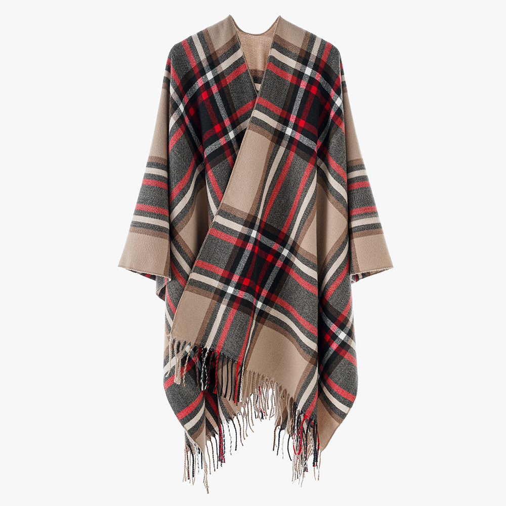 Damen Oversize-Karo-Capeponcho aus Wollmix mit V-Ausschnitt und Fransensaum Drune