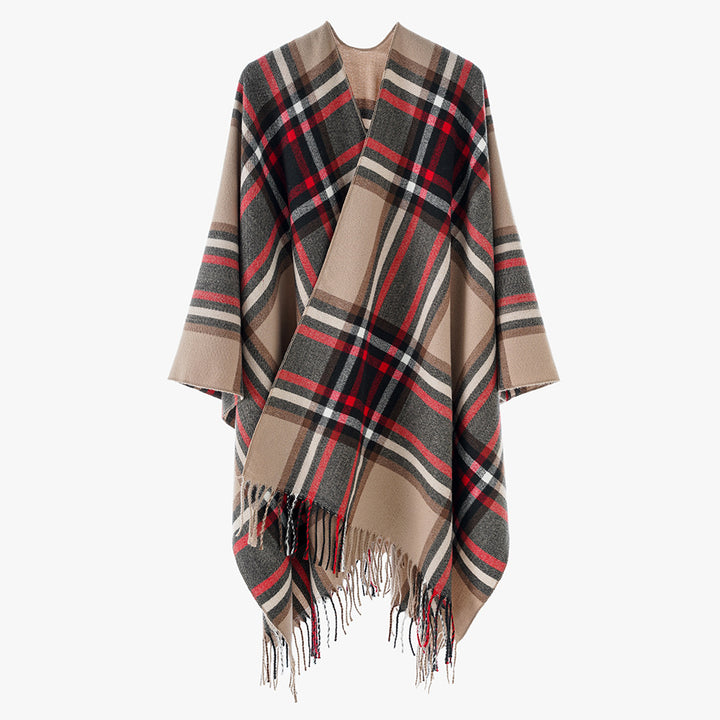 Damen Oversize-Karo-Capeponcho aus Wollmix mit V-Ausschnitt und Fransensaum Drune