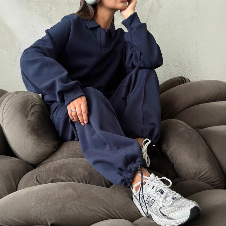 Damen Relaxed Polo-Sweatshirt mit V‑Notch und geraffter Tunnelzug-Jogginghose Drune