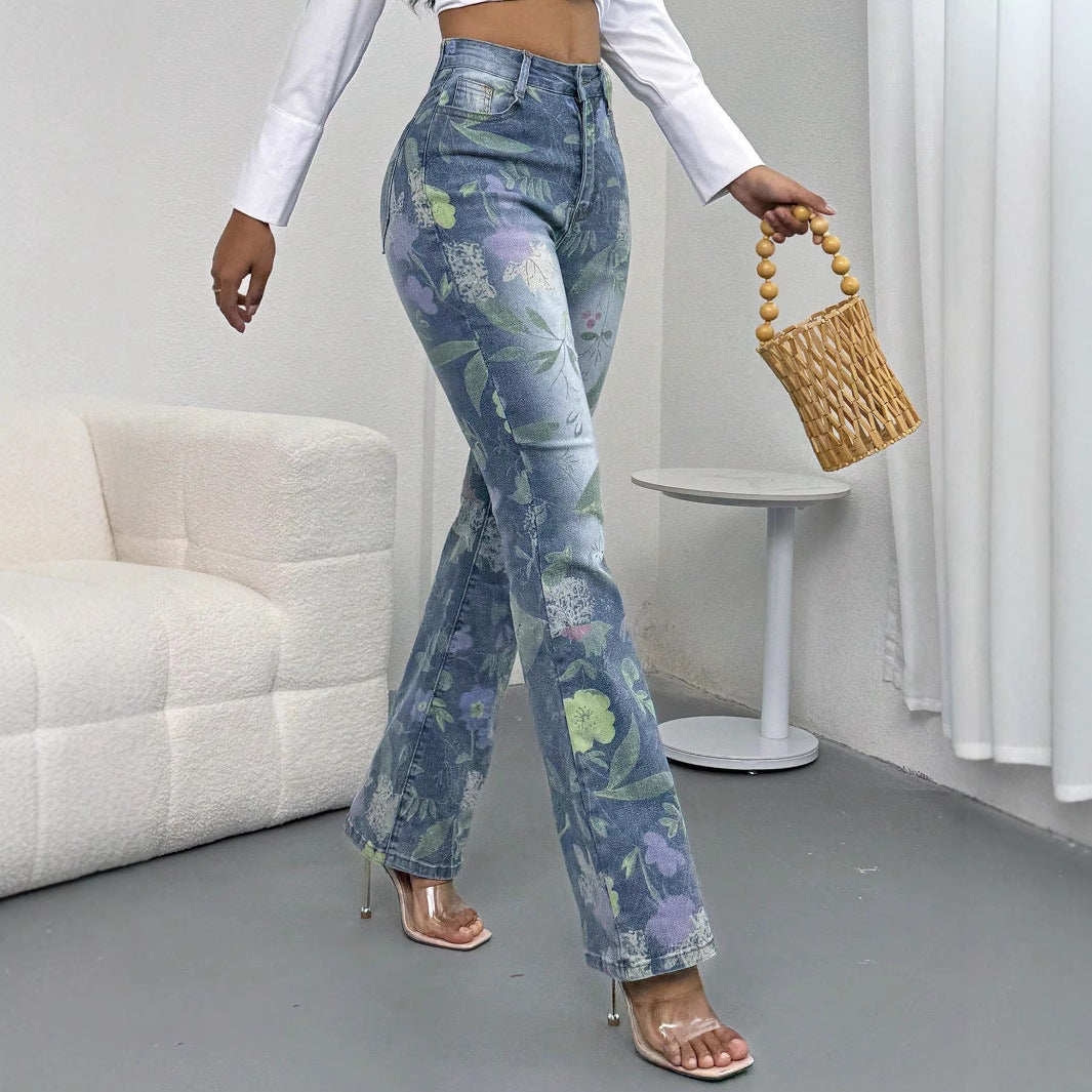 Damen Hochtaillierte Floral-Print Denim-Jeans im leichten Flared‑Straight Schnitt Drune