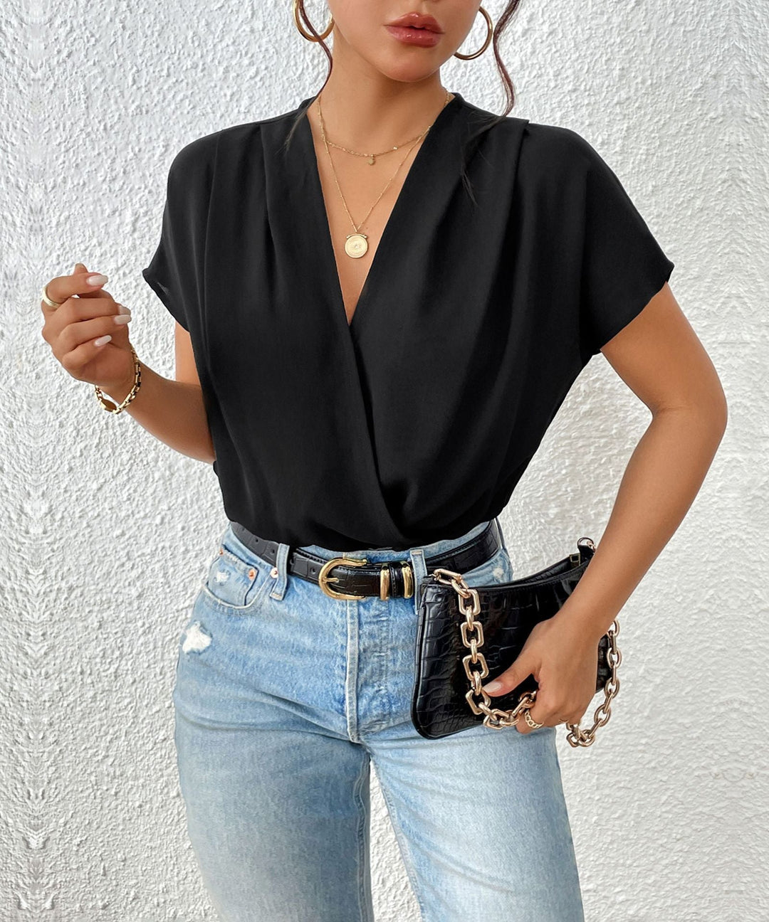Damen Blusenshirt mit eleganter Wickeloptik und kurzen Ärmeln Drune