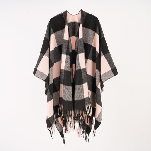 Damen Rechteckponcho im Ruana‑Stil aus Wollmix mit großen Karos und Fransensaum Drune