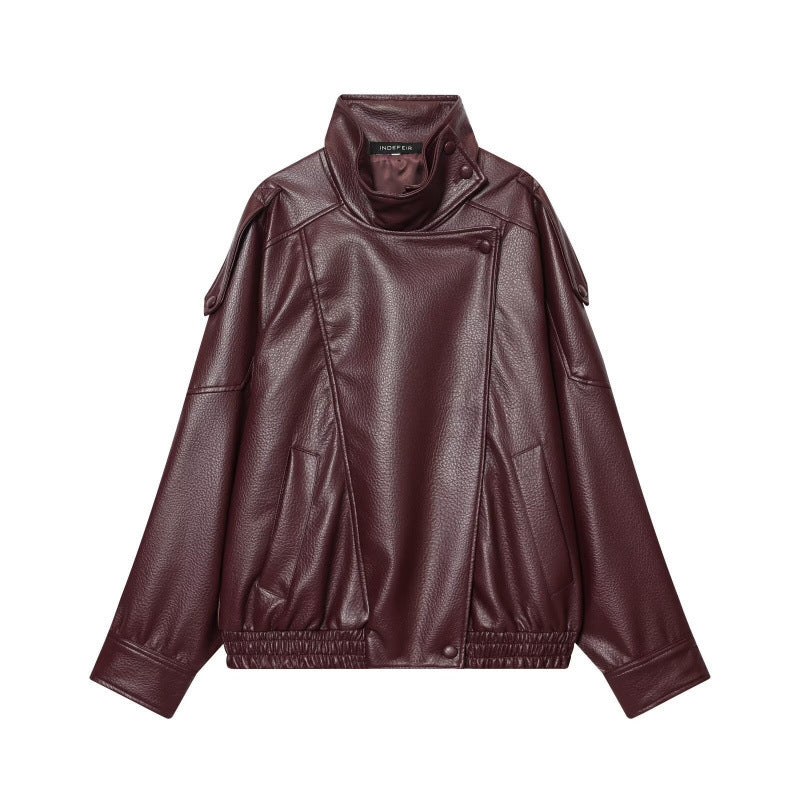 Damen Cropped Kunstleder‑Bomber mit asymmetrischer Druckknopfblende und Funnelkragen Drune