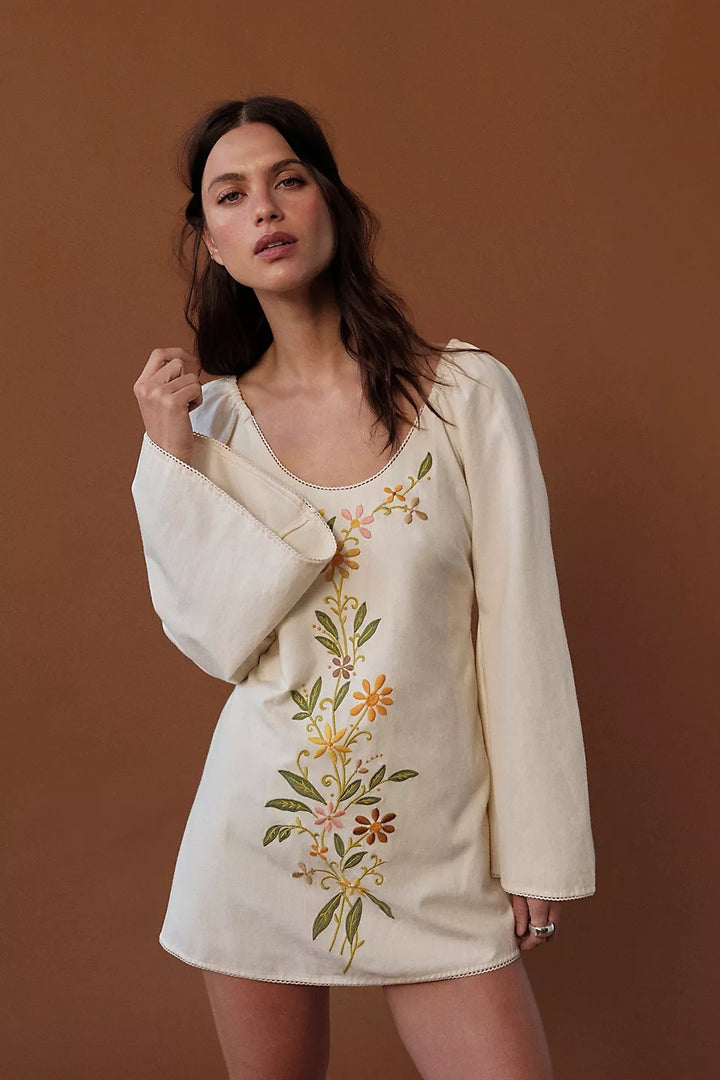 Damen Blusenkleid mit floralen Stickereien und weit ausgestellten Ärmeln Drune