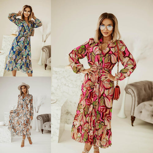 Damen Maxikleid mit kreativem floralem Design und Taillengürtel Drune