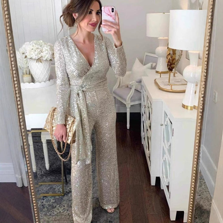Damen Glamouröser Jumpsuit mit funkelnden Pailletten und elegantem tiefen V-Ausschnitt Drune