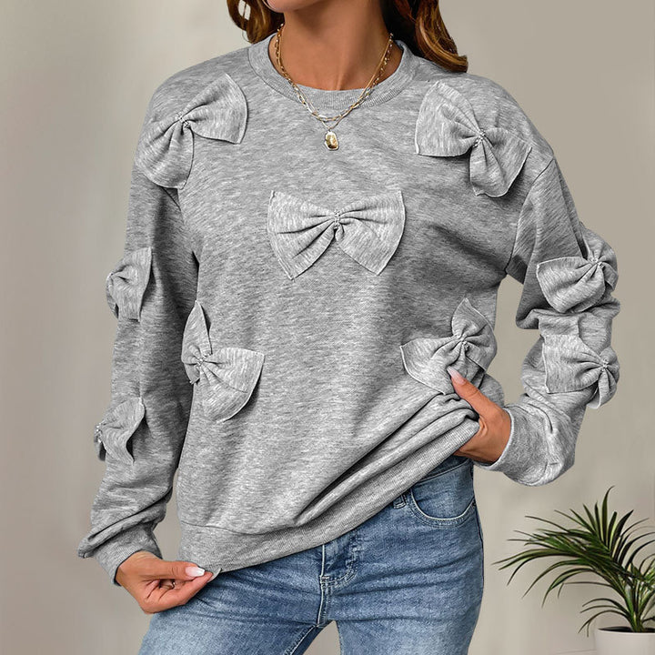Damen Kuschel-Sweatshirt mit 3D-Schleifenapplikationen, Rundhals & Rippbündchen Drune