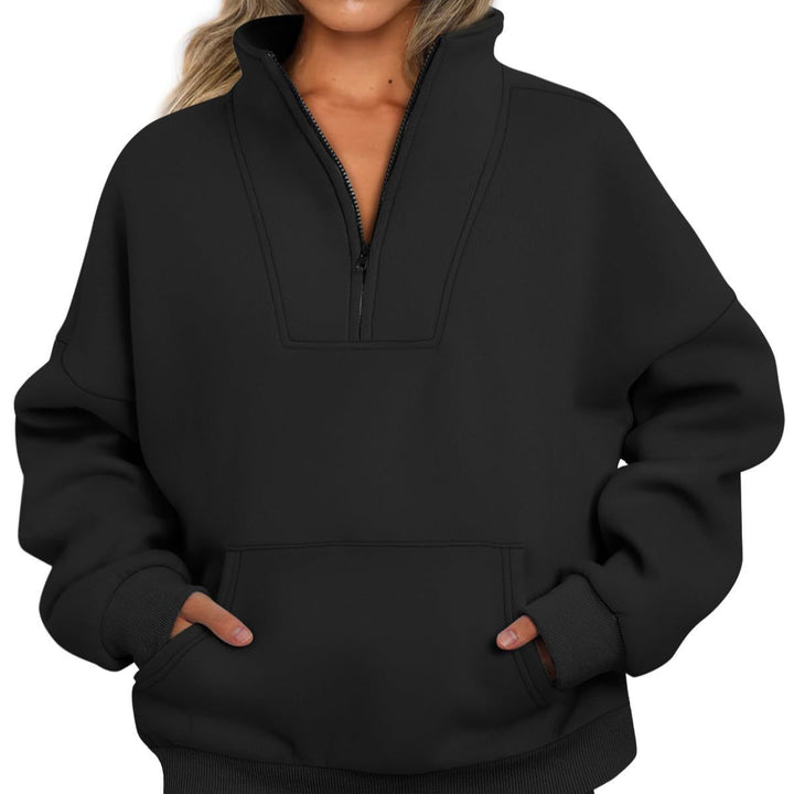 Damen nan oversized Halbzip-Hoodie mit hohem Stehkragen, Kängurutasche und gerippten Bündchen Drune