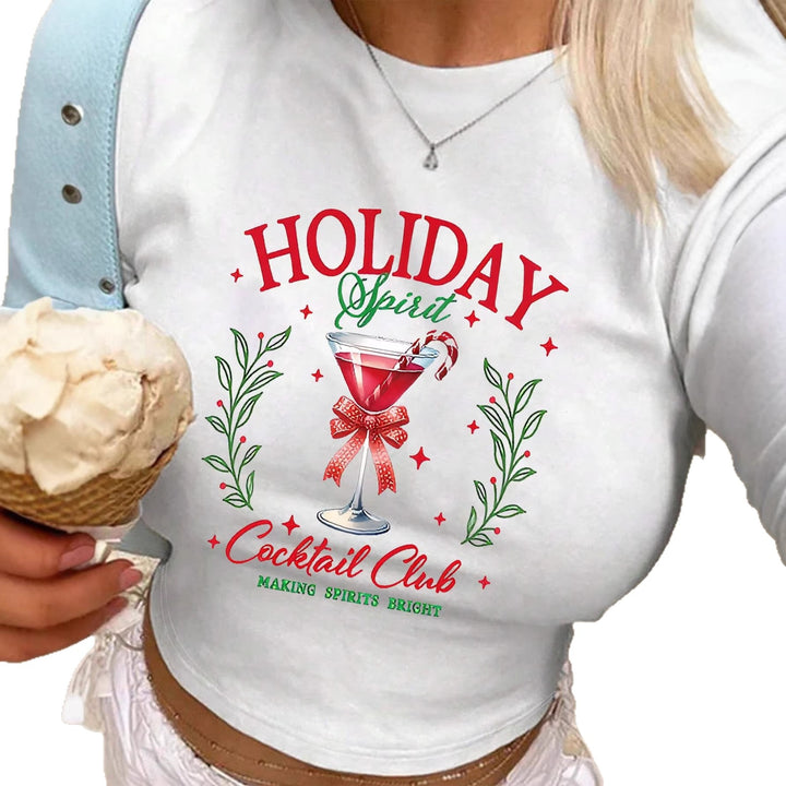Damen Crop-Top mit kreativen Cocktail-Motiv und festlichem Aufdruck Drune