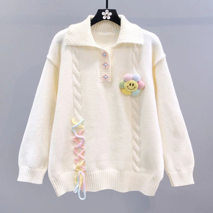 Damen Modischer Pullover mit Blumenapplikationen und Kabelmuster Drune