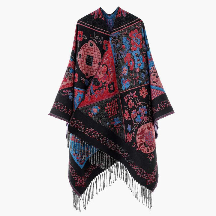 Damen Jacquard‑Gewebter Fransenponcho im Tapisserie‑Look Drune