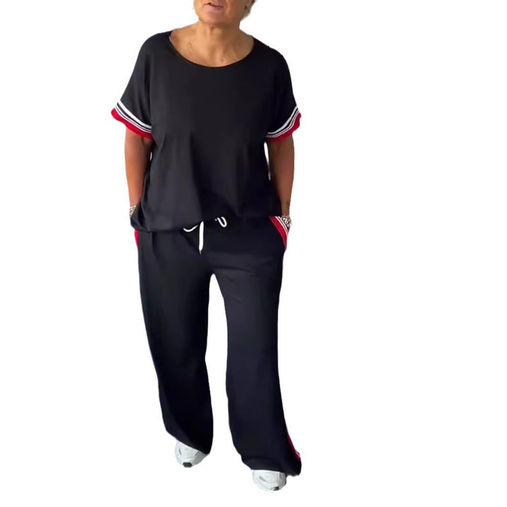 Damen nan sportlich-eleganter Zweiteiler mit kastigem Kurzarmshirt, Tunnelzug-Jogpant und seitlichem Kontraststreifen Drune