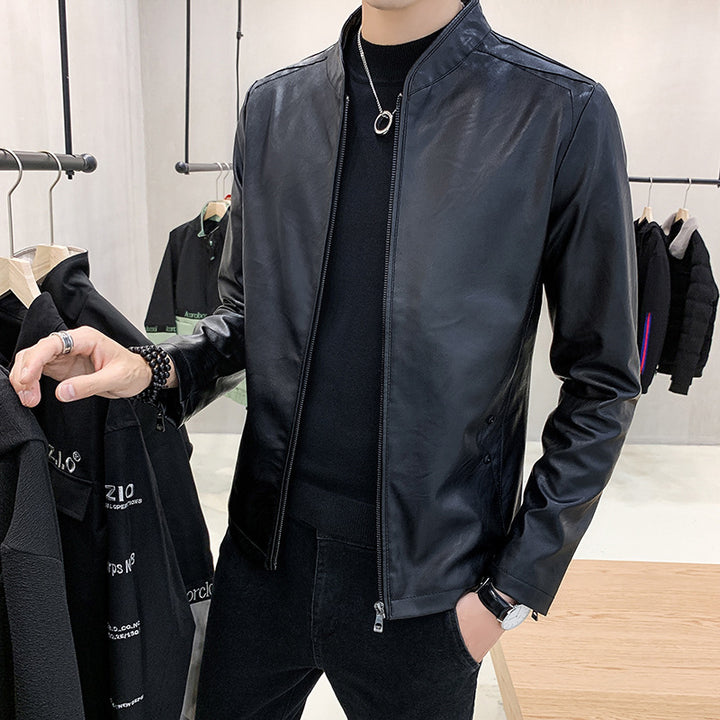 Herren Modische Lederjacke mit stylischem Kragen Drune