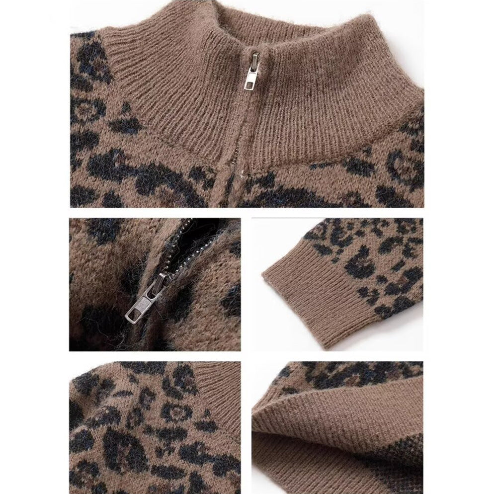 Herren Modische Strickjacke mit Leopardenmuster und hohem Kragen Drune