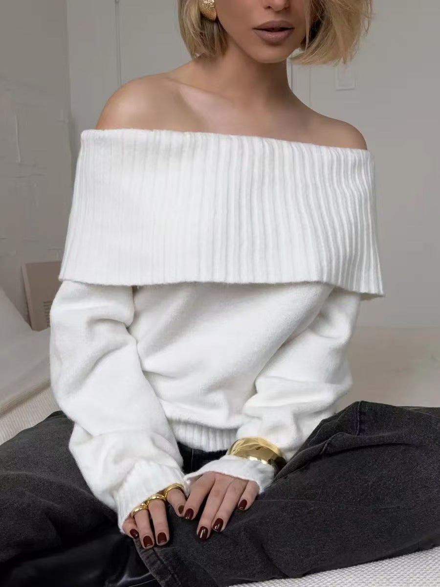 Damen eleganter Pullover mit weitem Rippkragen und weichem Material Drune