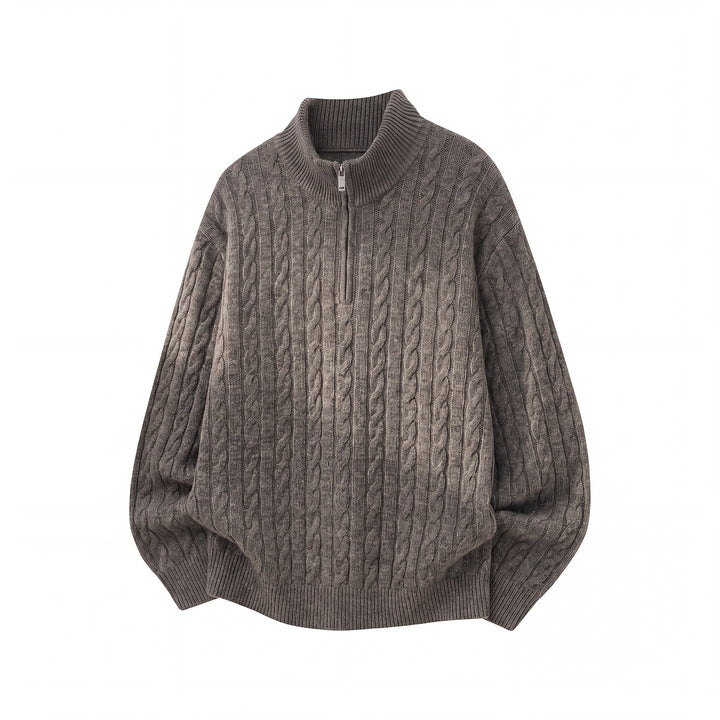 Unisex Lässiger Zopfmuster-Halbzip-Pullover mit hohem Rippkragen und Oversize-Schnitt Drune