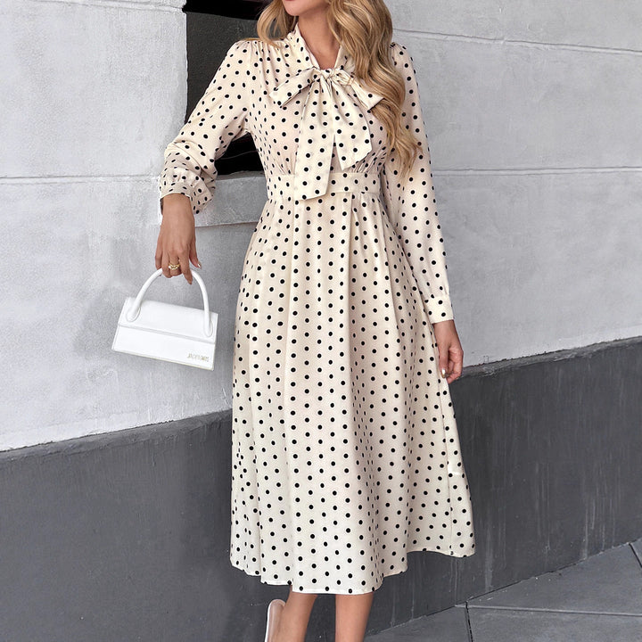 Damen Midi Kleid mit Schleifenkragen und Punkten Drune