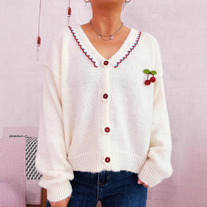 Damen kuschelige Strickjacke mit verspieltem Blütenmuster und Knopfdetails Drune
