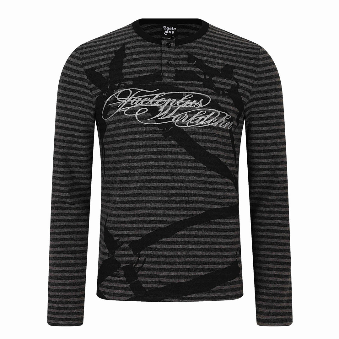 Herren Gestreiftes Longsleeve-Henley mit Knopfleiste und Typo-Print Drune