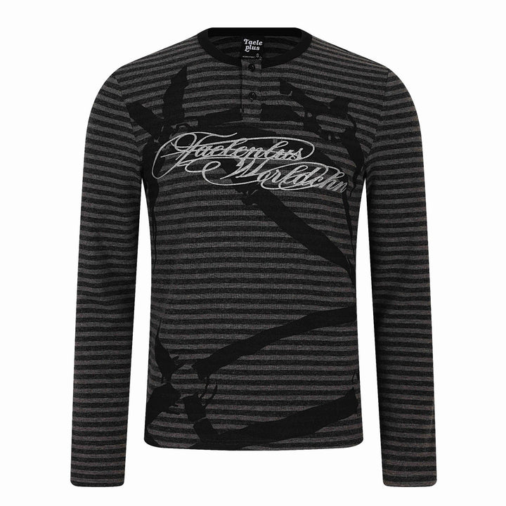 Herren Gestreiftes Longsleeve-Henley mit Knopfleiste und Typo-Print Drune