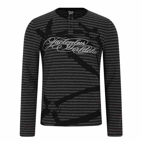 Herren Gestreiftes Longsleeve-Henley mit Knopfleiste und Typo-Print Drune