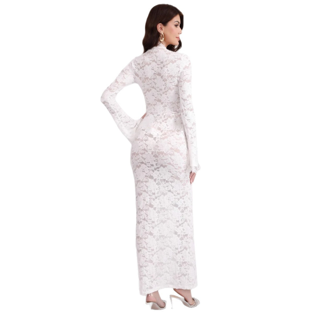 Damen Spitzenmaxikleid mit Schnürung und hohem Beinschlitz Drune