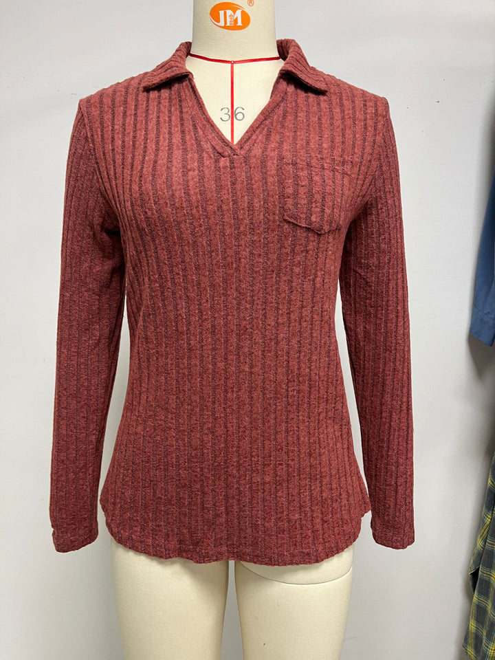 Damen Langarm Poloshirt mit feinem Rippenstrukturdesign Drune