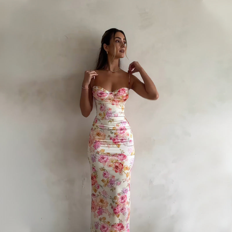 Damen figurbetontes Maxikleid mit floralem Design und elegantem V-Ausschnitt Drune