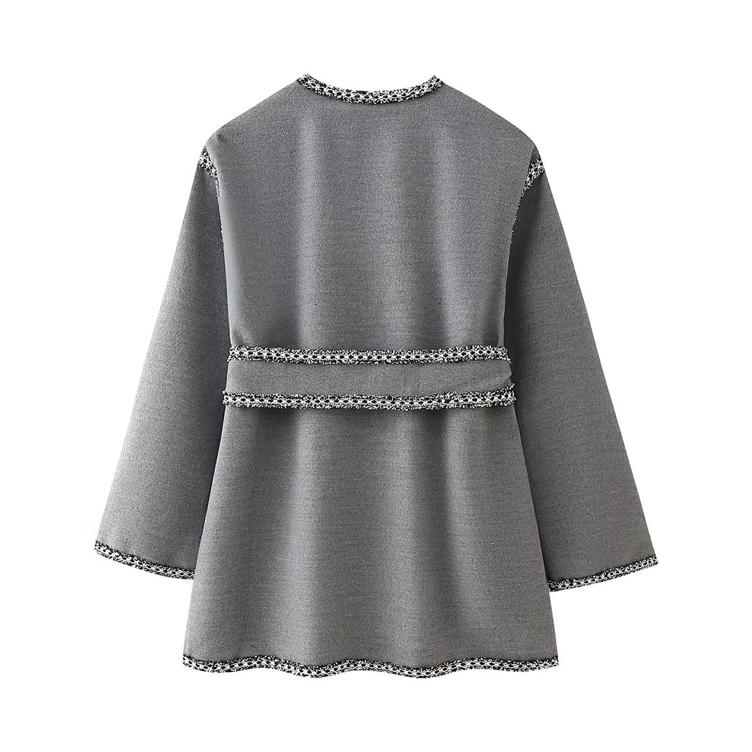 Damen nan kurz geschnittener Kimono-Mantel mit Bindegürtel und kontrastierter Fransenpaspel Drune