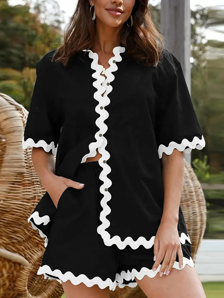 Damen Freizeit Blusen-Shorts Set mit eleganten Wellenkanten Drune