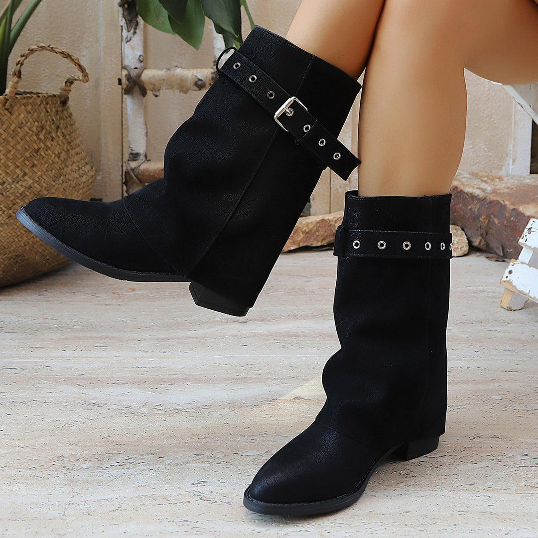 Damen Mid-Calf-Stiefel mit Schnallenriemen und niedrigem Blockabsatz Drune