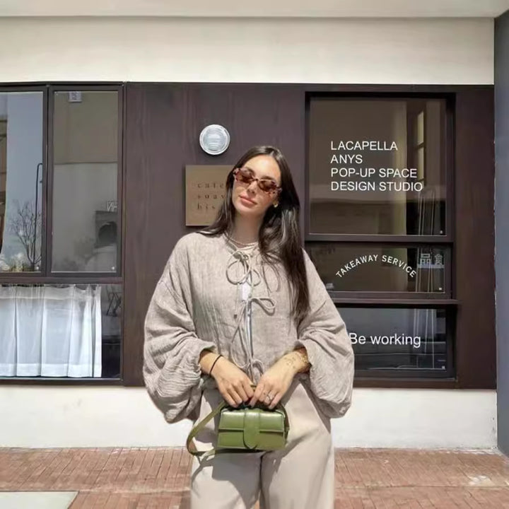 Damen leicht gefütterte Knitjacke mit Kordelzug und weiten Ärmeln Drune
